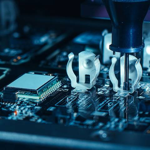 Robotic arm placing chip on intricate electronic circuit board with densely packed pathways and soldered connections under soft lighting.